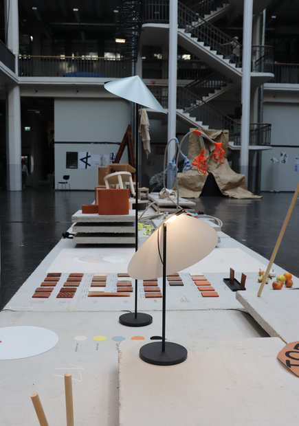 Product design exhibition during the Rundgang 2019 on the ground floor of the HfG with precast concrete elements
